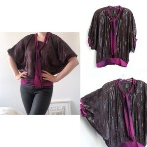 Custo Barcelona burgundy blouse unique designer top geometric print batwing tie